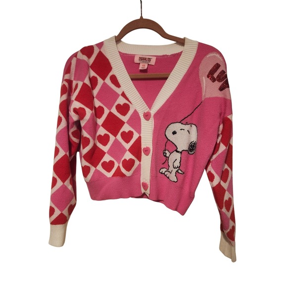 Peanuts Snoopy Valentines Day Pink Heart Cardigan Sweater XS - Picture 1 of 3